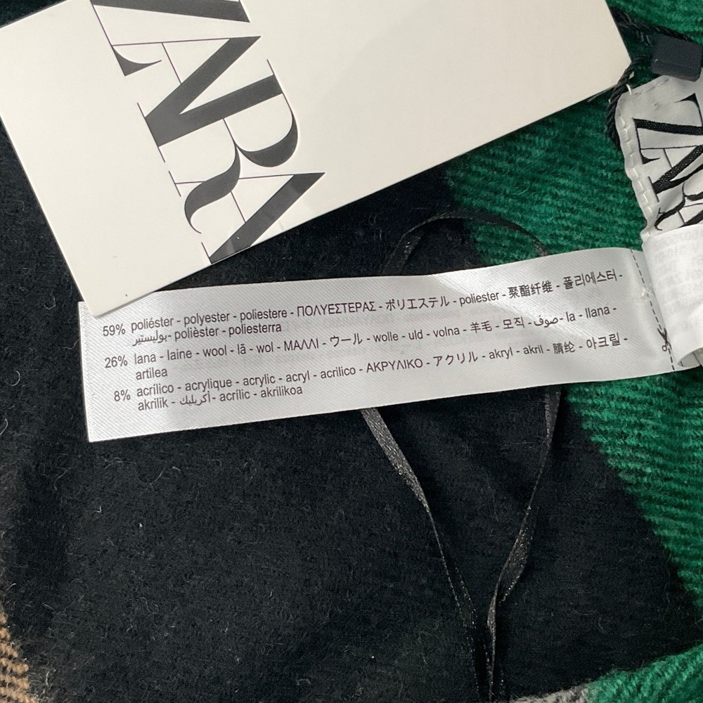 Zara Poncho Wrap Womens M Green Wool Blend Plaid‎ Fringe Oversized Cape NEW - Picture 4 of 9